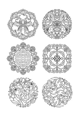黑色线条圆形中式传统团花图案元素