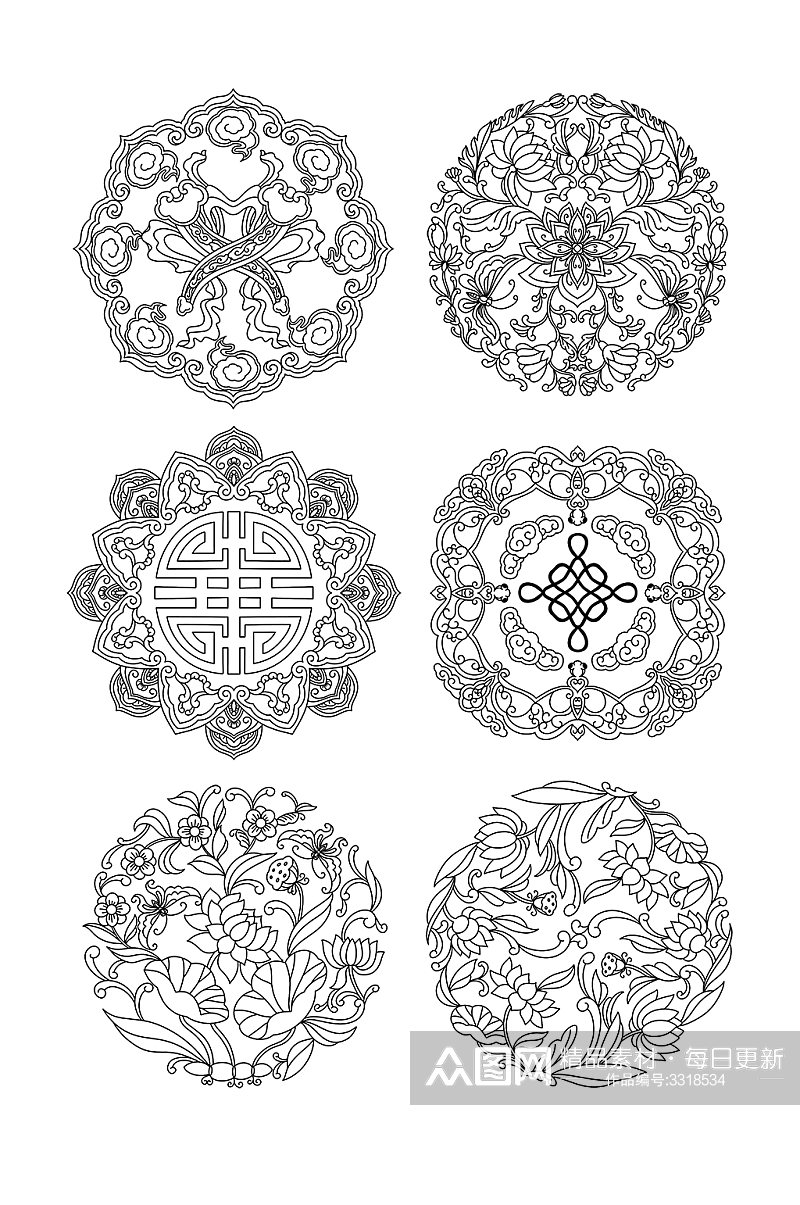 黑色线条圆形中式传统团花图案元素素材