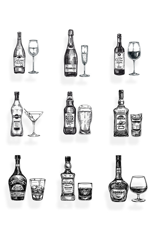 手绘酒杯与酒元素