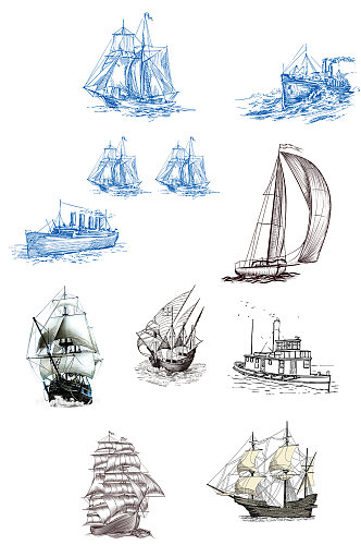 手绘简约线条船帆船元素