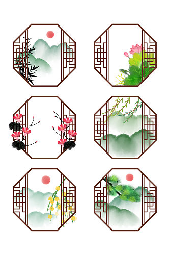 中式水墨窗花纹理边框元素