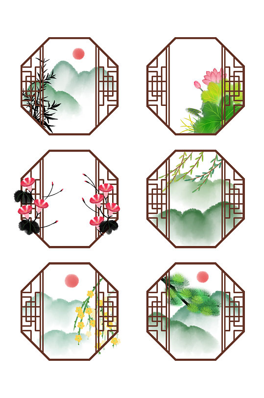 中式水墨窗花纹理边框元素