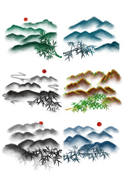 中国风古典彩色水墨山林元素