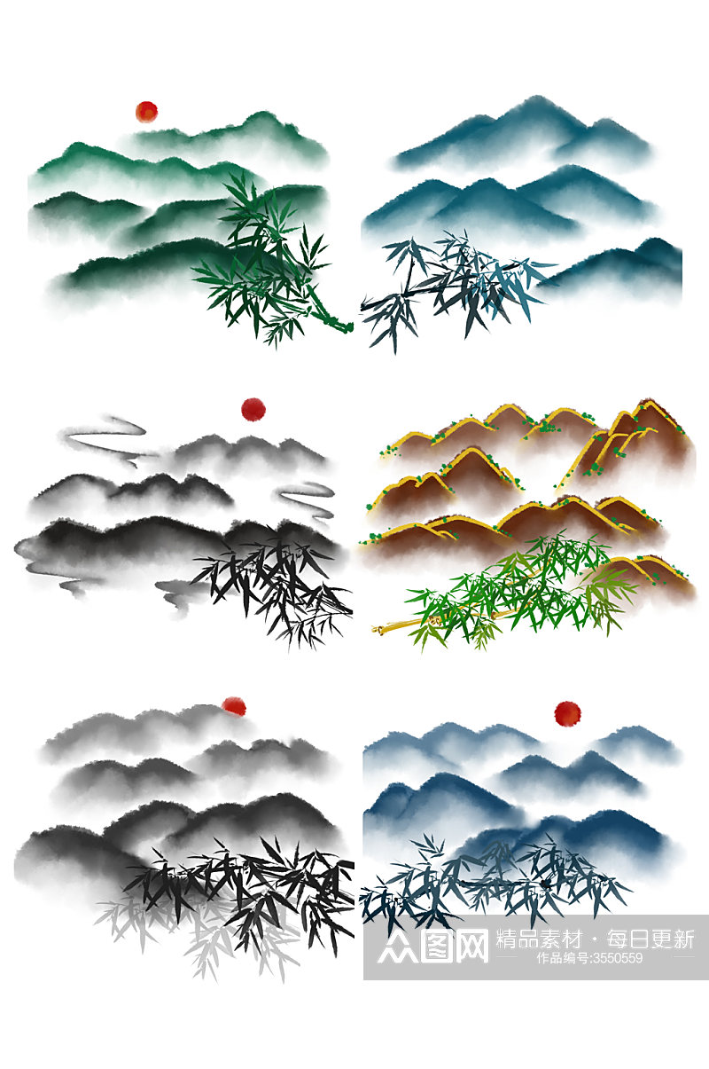 中国风古典彩色水墨山林元素素材