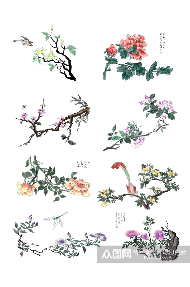 中式古典花朵国画元素素材