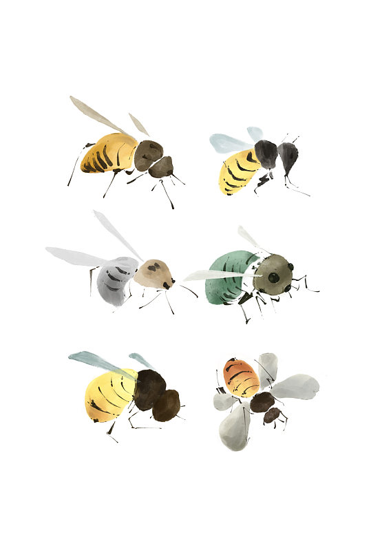 蜜蜂黄色昆虫采蜜水墨风彩墨元素