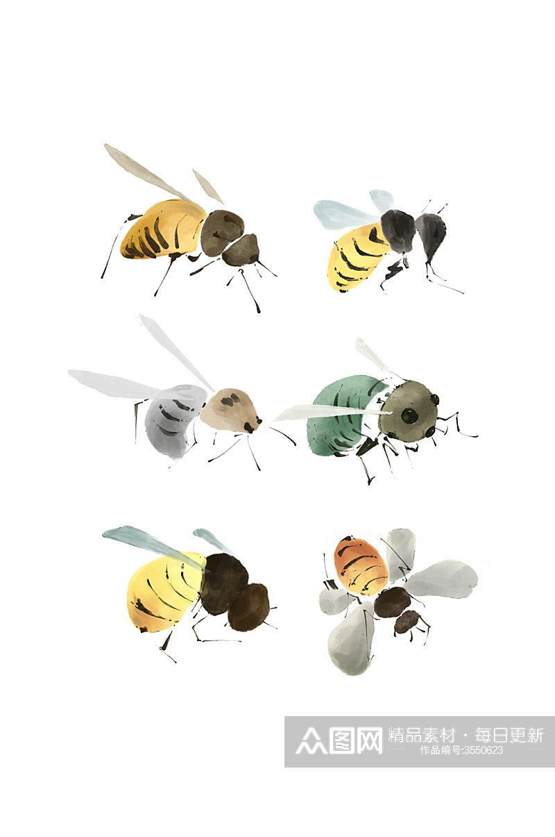 蜜蜂黄色昆虫采蜜水墨风彩墨元素素材
