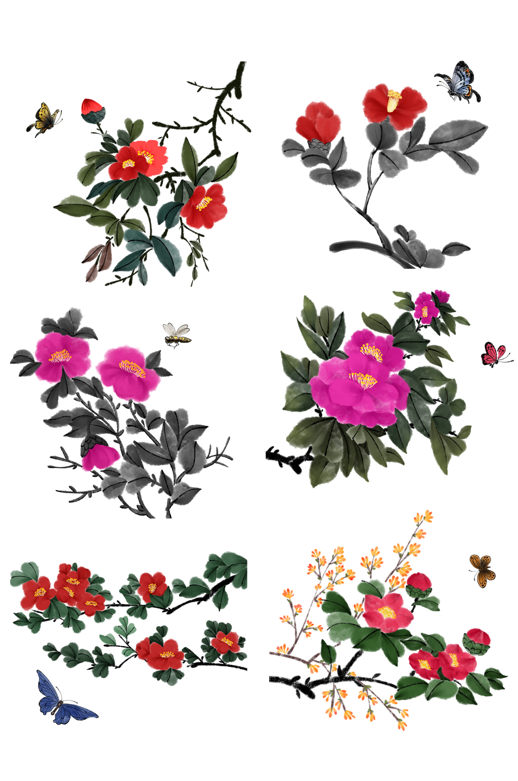 水墨山茶花六个花鸟元素素材