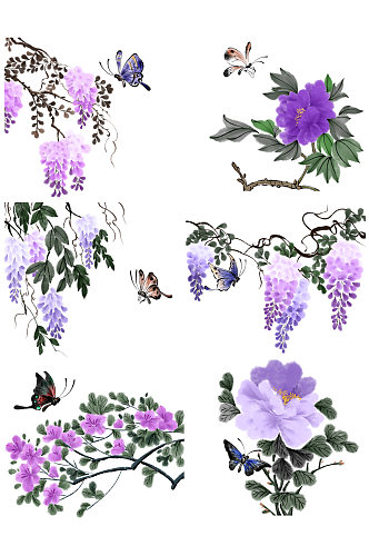 水墨紫色画蝴蝶元素