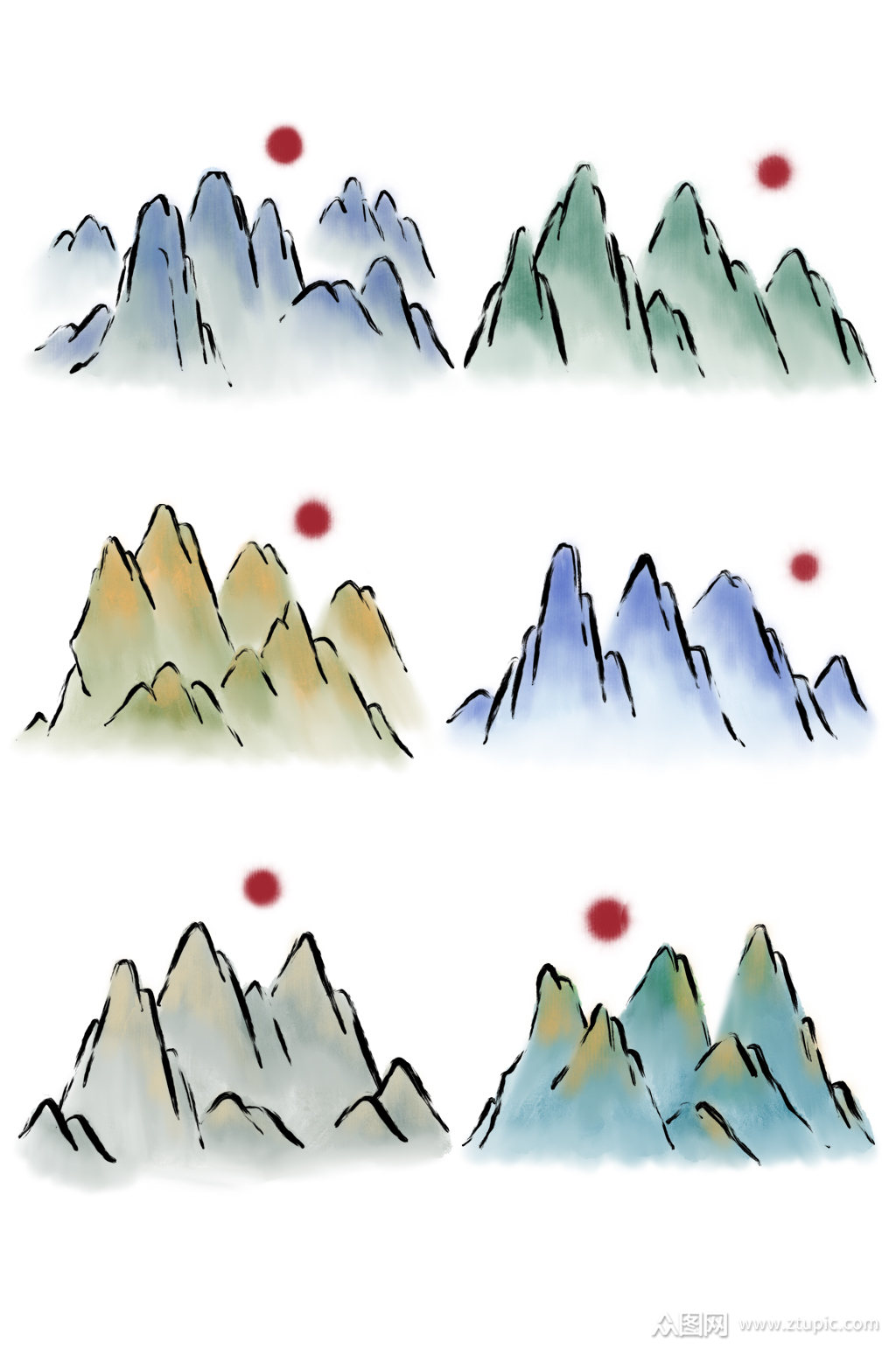 简约手绘水墨山林山元素素材