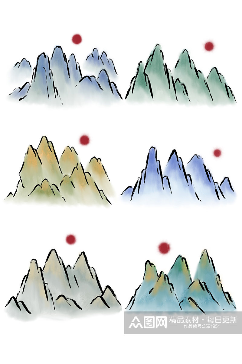 简约手绘水墨山林山元素素材