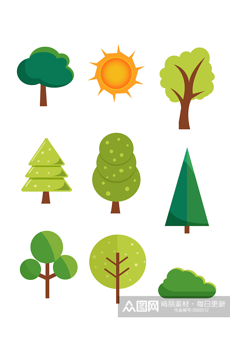 手绘绿色树木太阳元素素材