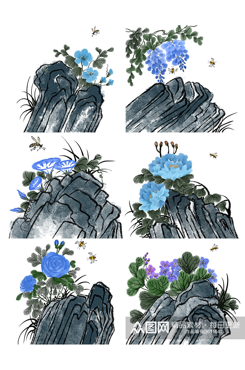 蓝色花岩石蜜蜂元素素材