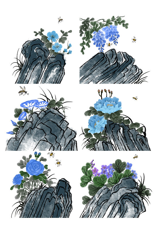 蓝色花岩石蜜蜂元素