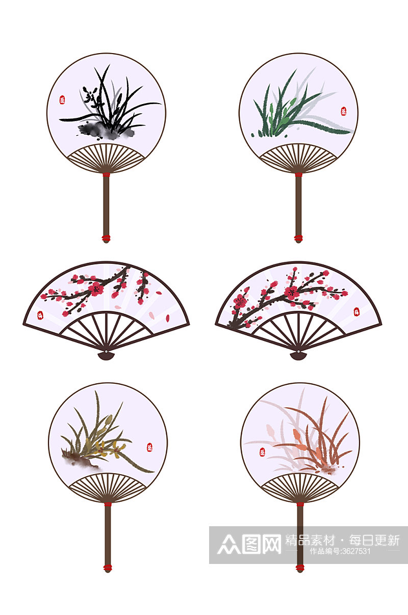 中式花草花朵广告扇子元素素材
