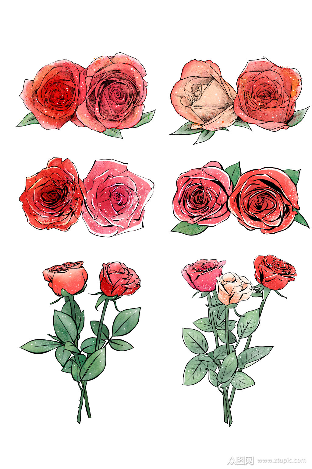 手绘水彩玫瑰花元素素材