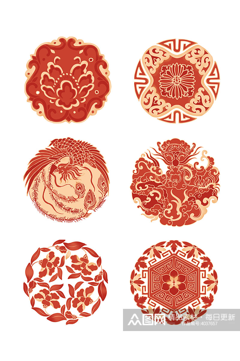 绯红中国风传统纹样装饰图案元素素材