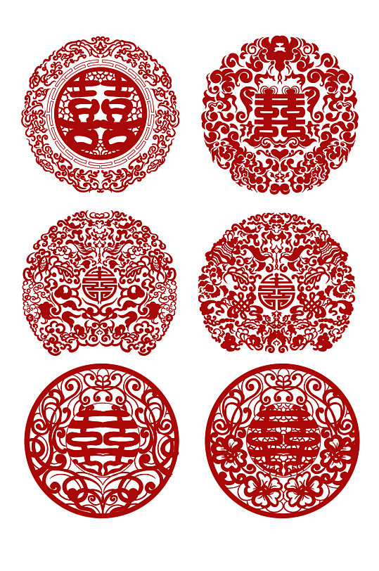 中式古典双喜剪纸花纹元素