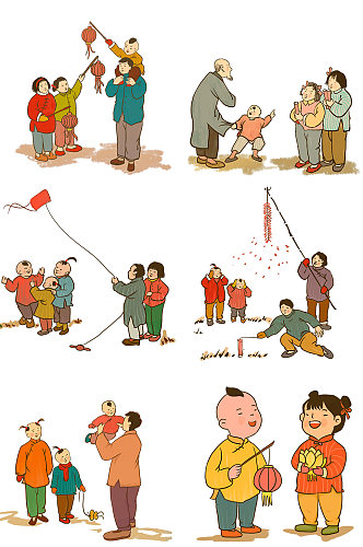 手绘卡通国潮春节人物元素