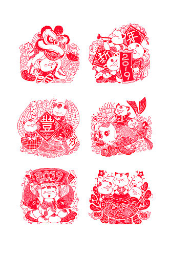 中国风春节猪年卡通福娃猪剪纸元素