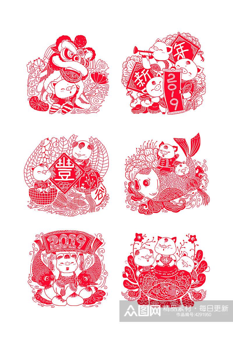 中国风春节猪年卡通福娃猪剪纸元素素材