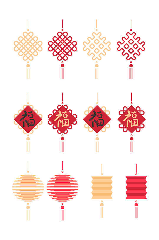 春节金色红色中国结对联福字挂饰灯笼元素
