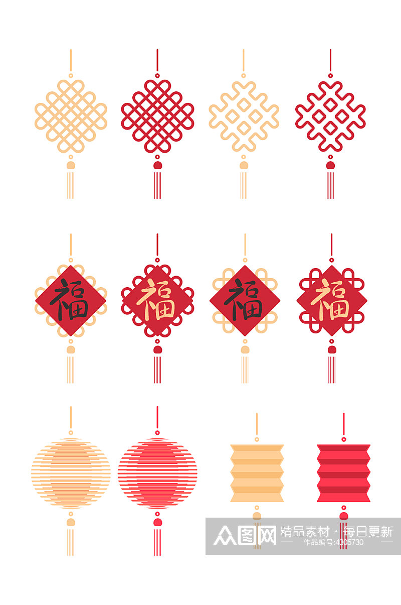 春节金色红色中国结对联福字挂饰灯笼元素素材