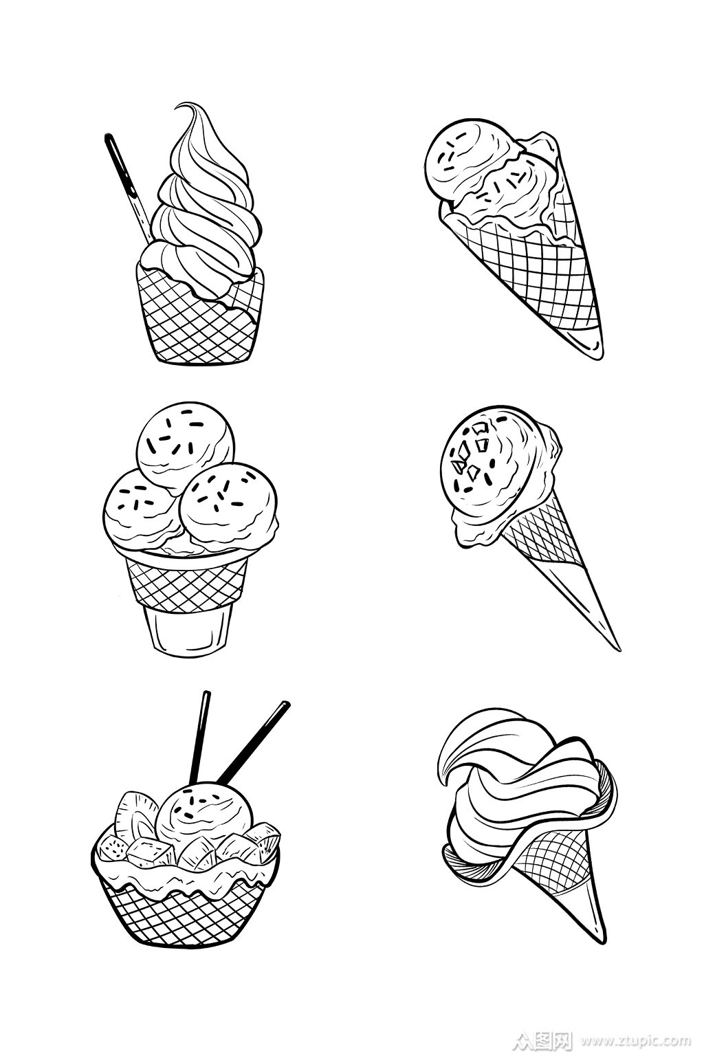 手绘黑白冰激凌冰淇淋元素素材