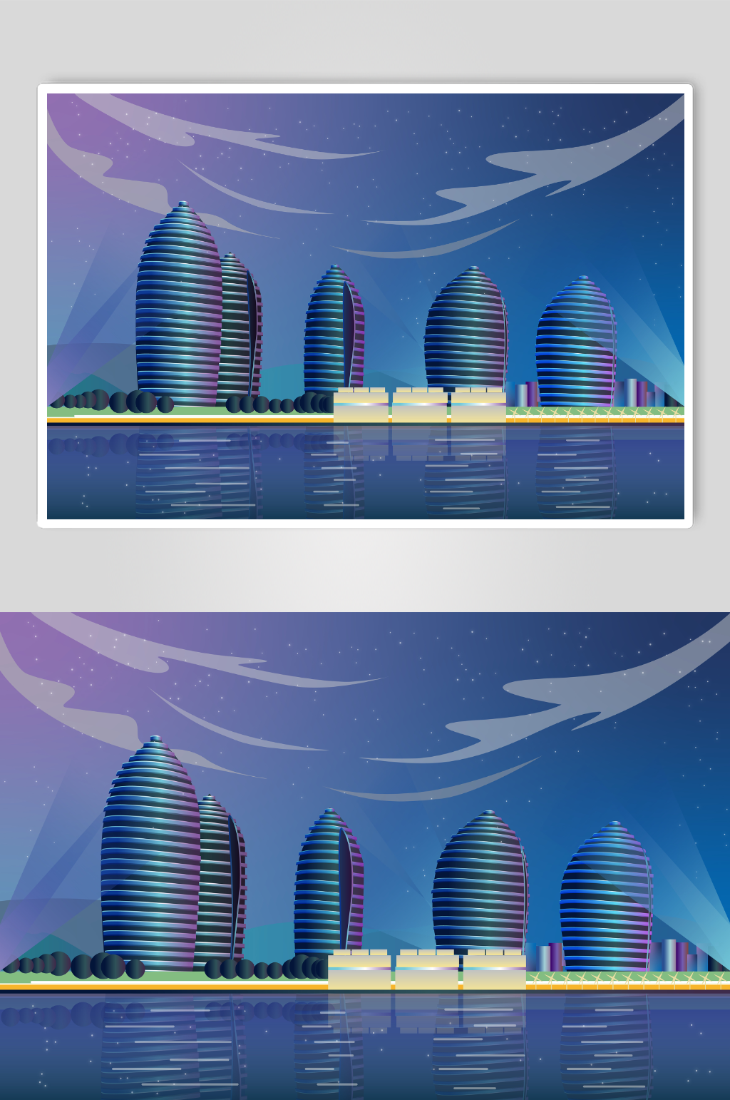 夜晚三亚地标城市矢量建筑插画素材
