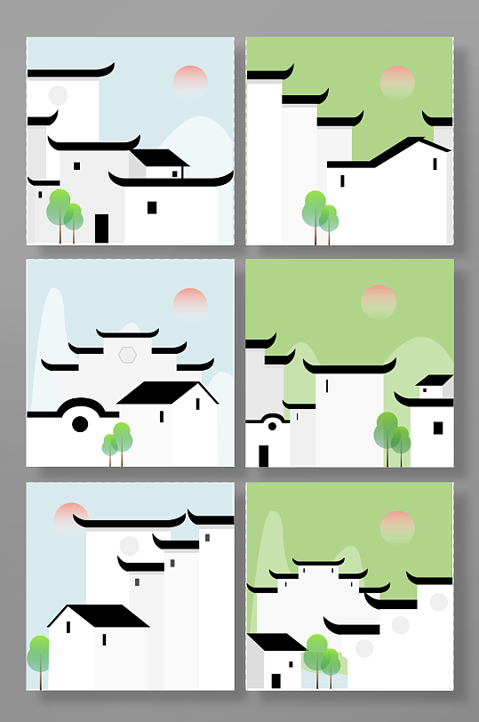 清新徽派建筑意境矢量元素插画-众图网