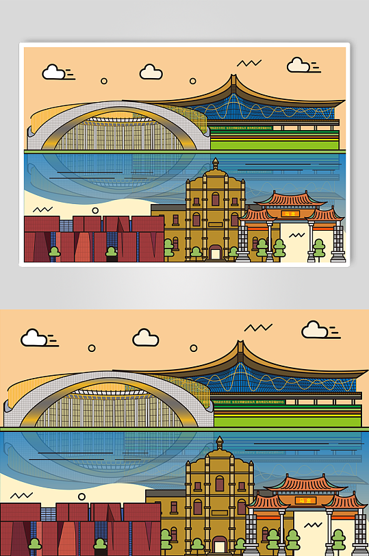 扁平化线性昆明城市地标建筑ai插画