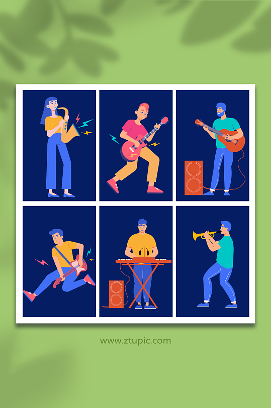 矢量炫彩玩乐器的人物元素插画-众图网
