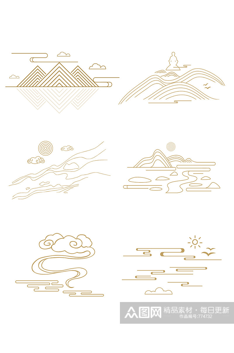 矢量中式山纹祥云纹中国风山水装饰线图片元素素材