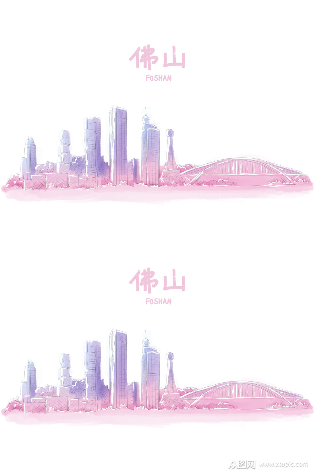 手绘佛山城市地标图片素材