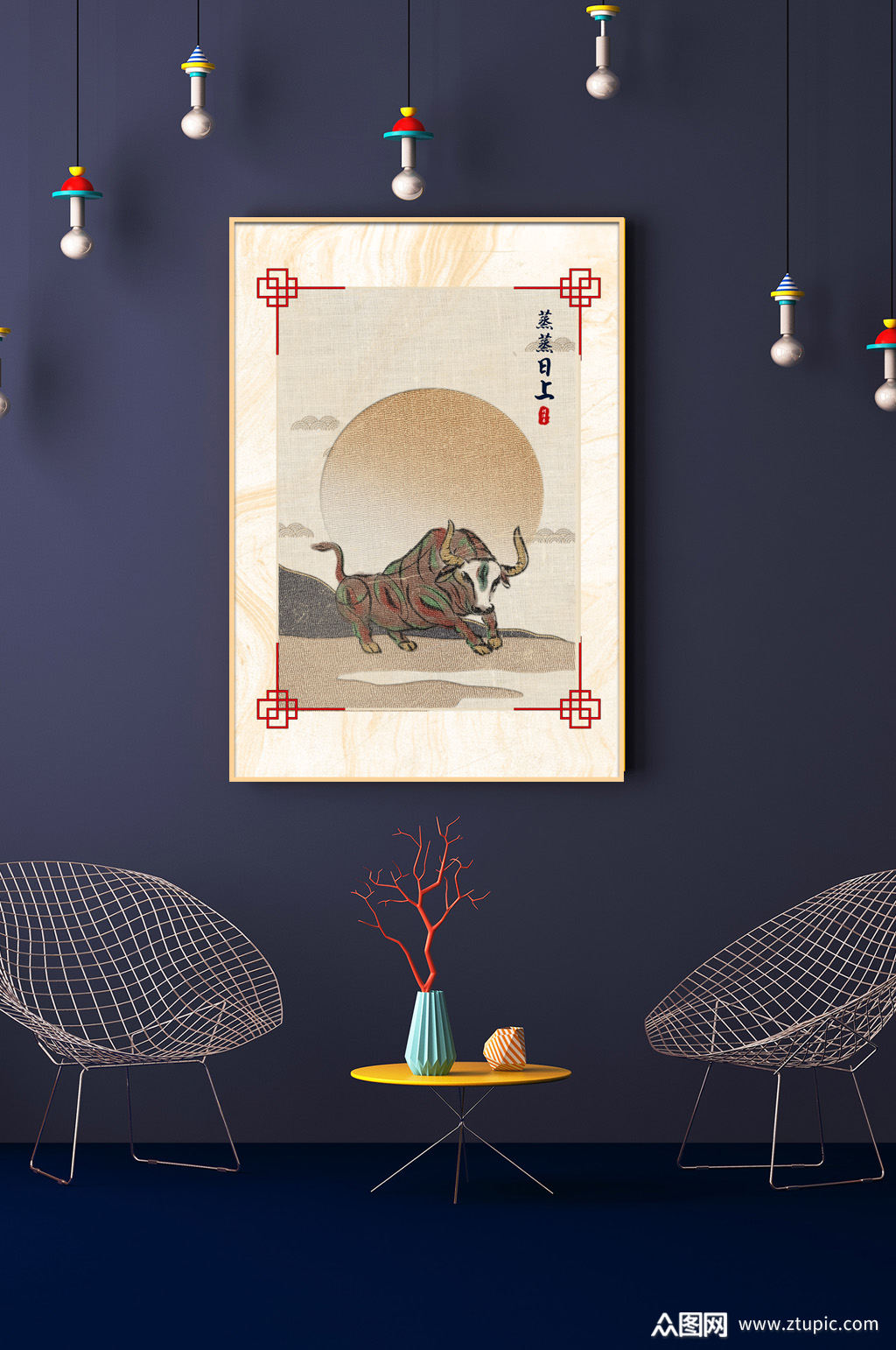 牛年春节蒸蒸日上喜庆新中式玄关装饰画素材