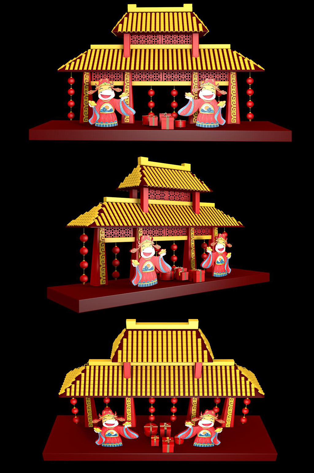 C4D红色喜庆福气牛年美陈素材