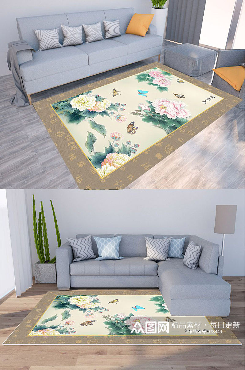牡丹争艳新中式地毯图片素材