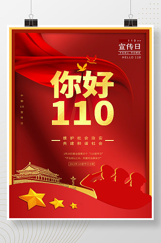 简约红金中国110宣传日海报