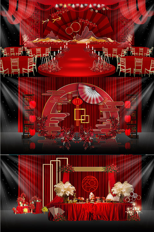 寿宴 红色经典唯美花艺中式风格婚礼效果图