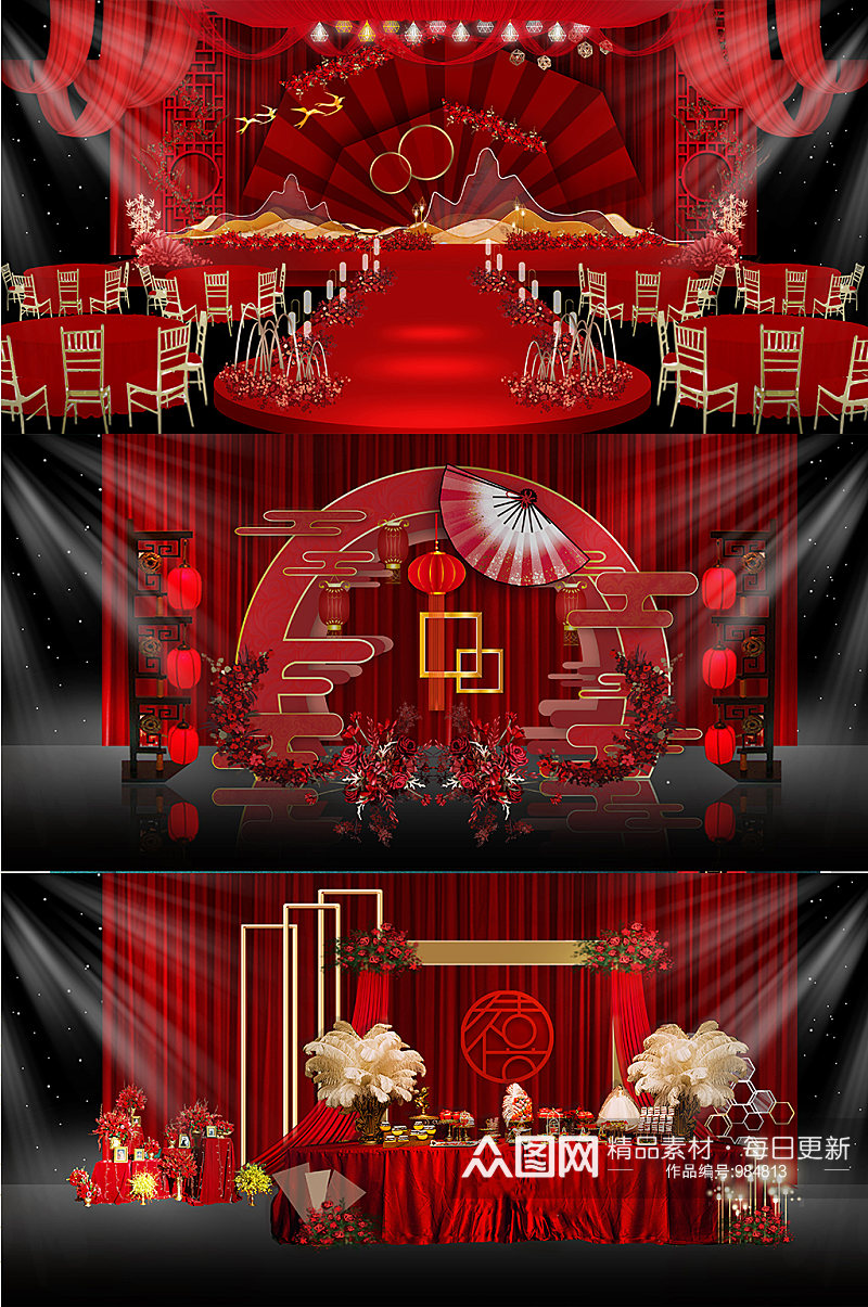 寿宴 红色经典唯美花艺中式风格婚礼效果图素材