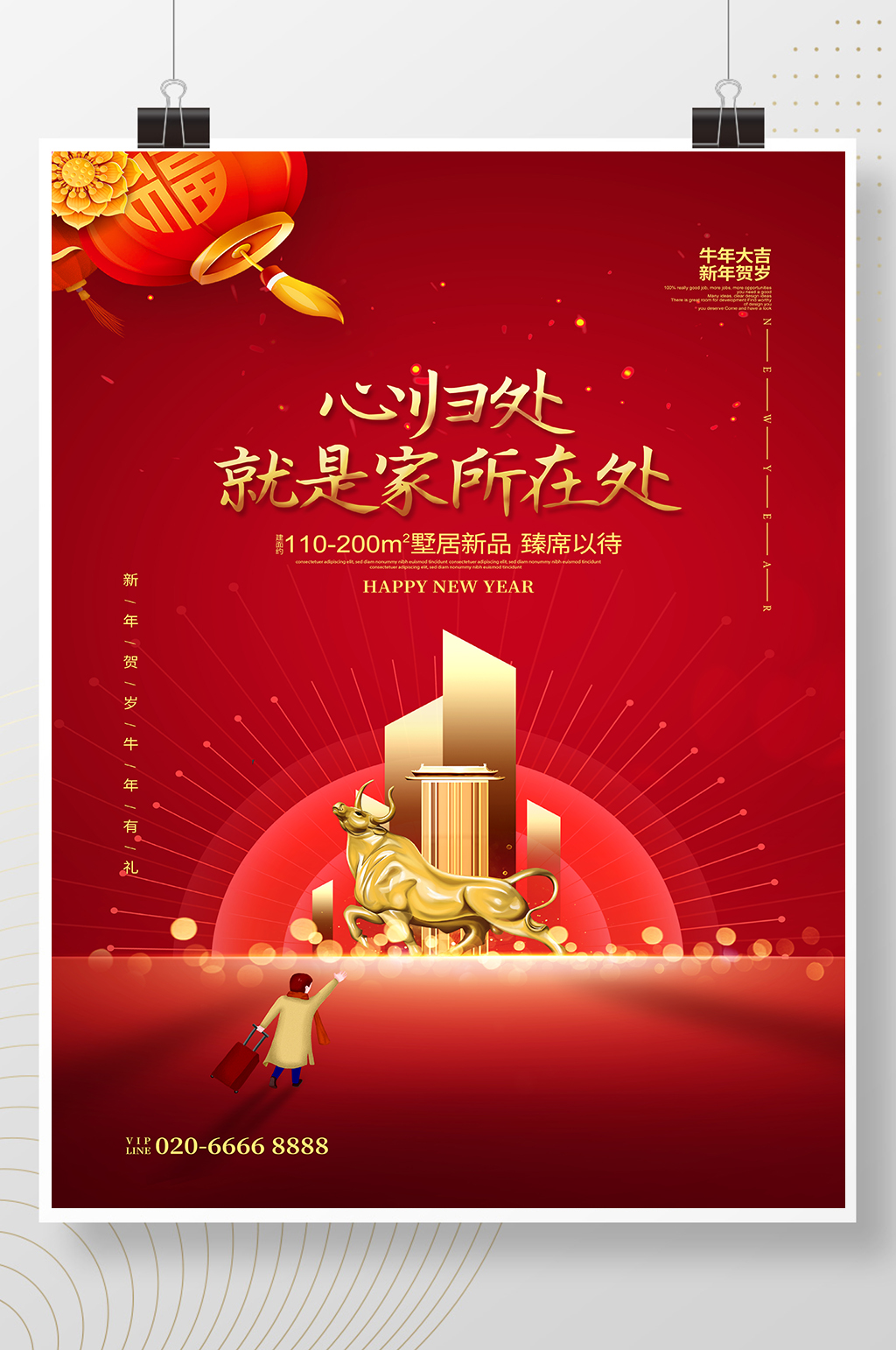 红色喜庆房地产2021牛年春节新年海报素材