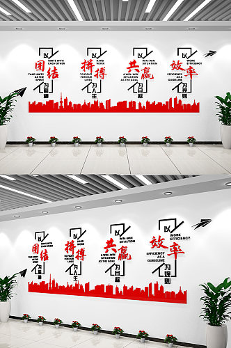 团结拼搏共赢效率办公室企业励志标语文化墙