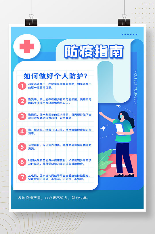 蓝色简约个人防疫指南海报