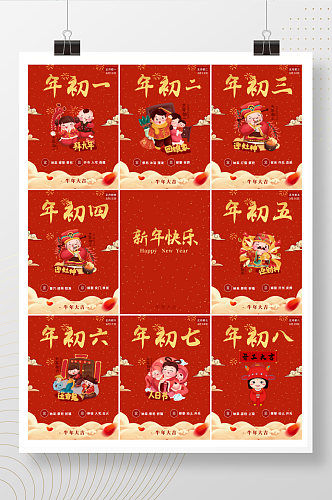 春节除夕年俗习俗年初一初二初三红色海报