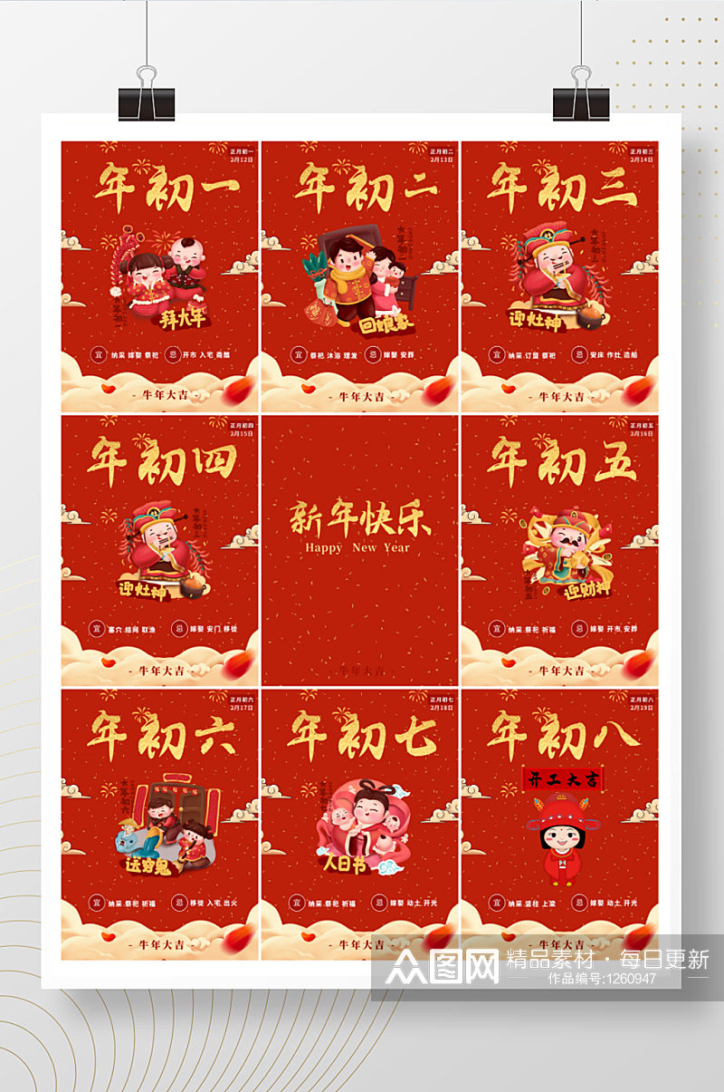 春节除夕年俗习俗年初一初二初三红色海报素材