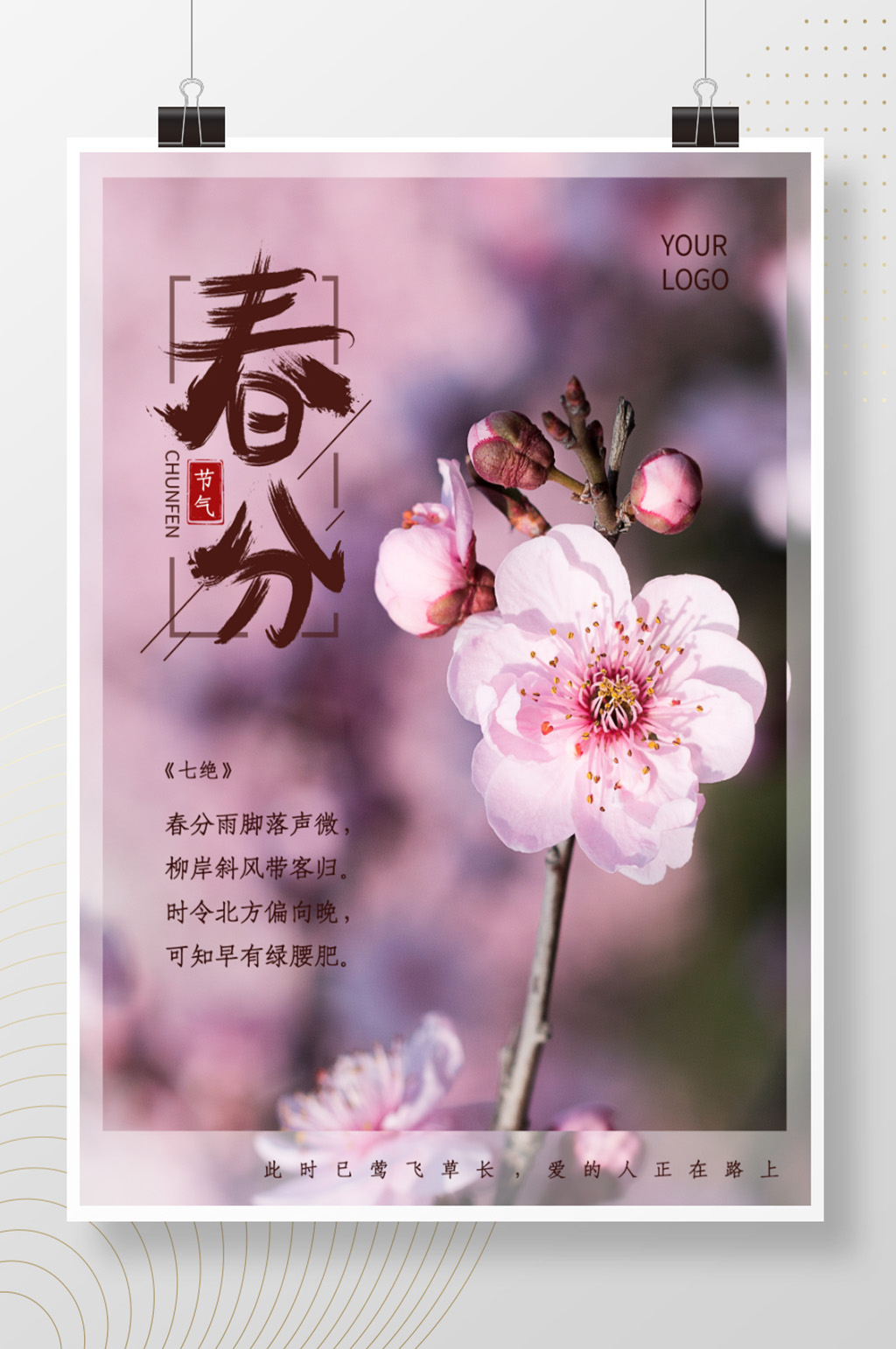 简约清新春分24节气海报粉色背景早安春天素材