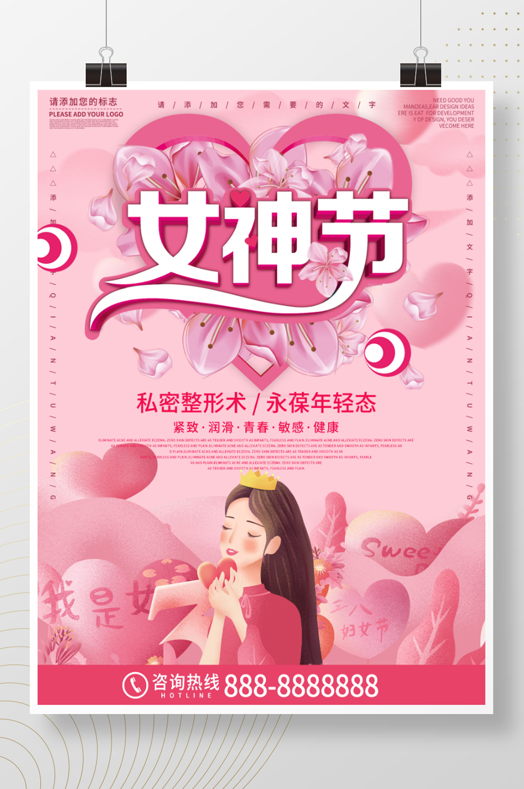 粉色清新商务简约女神节优惠促销海报素材