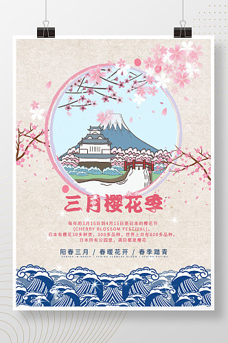 三月樱花季日系极简主义浪漫春天旅游海报