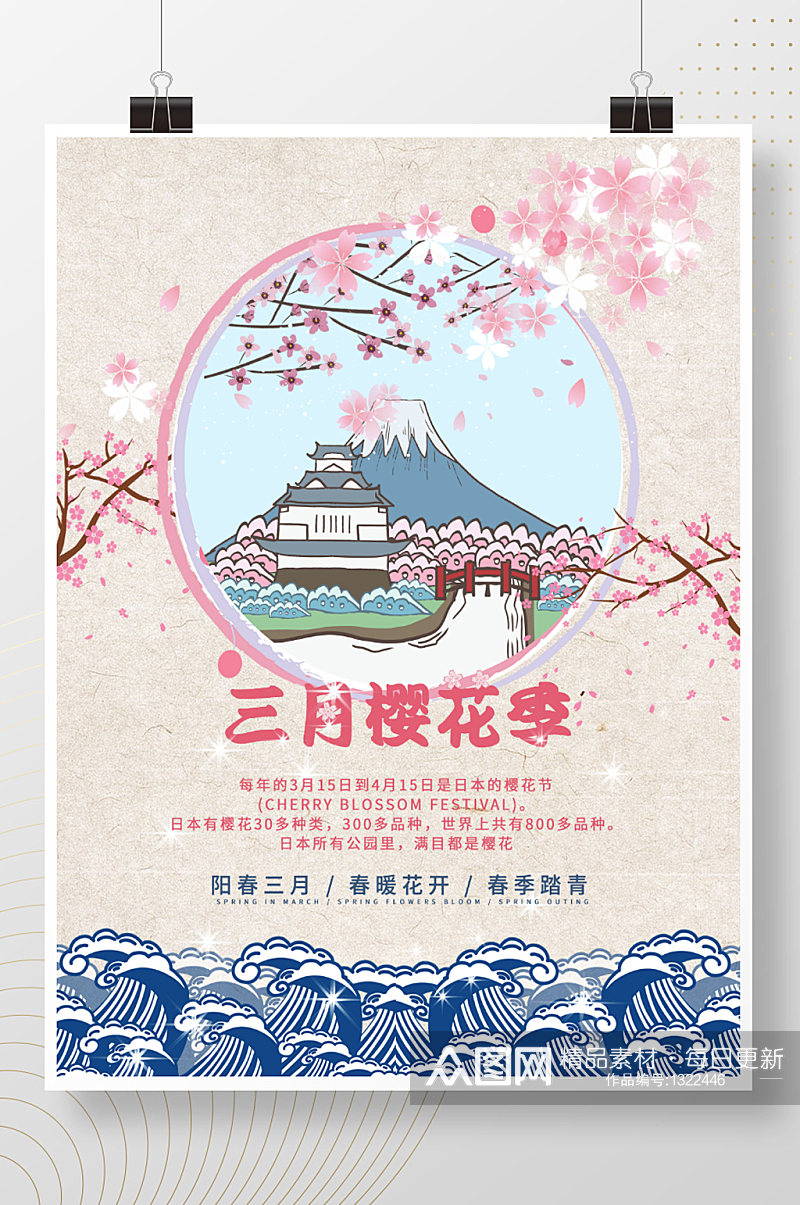 三月樱花季日系极简主义浪漫春天旅游海报素材