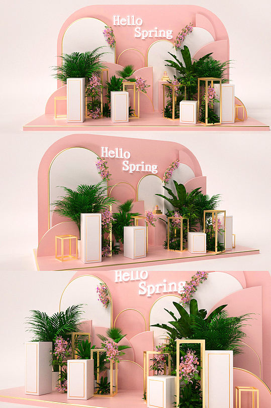 粉色系鲜花植物春天商场堆头C4D美陈设计